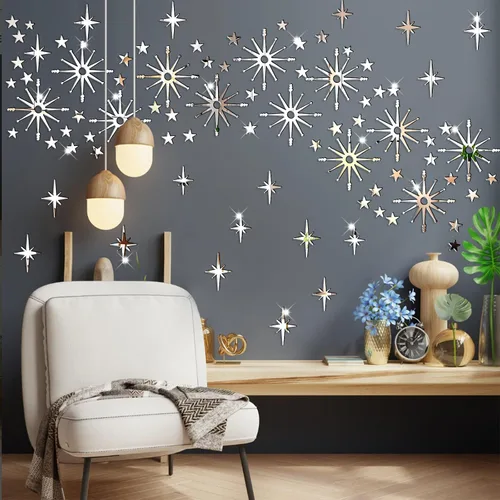 Vista 14 de Calcomanías de pared con estrella dorada, diseño retro de explosión de estrellas, calcomanías para dormitorio, sala de estar, decoración de techo