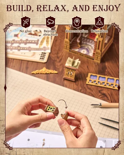 Vista 2 de Rolife Kit de rincón de libro de bricolaje – Rompecabezas de madera 3D de la Biblioteca de las Maravillas Casa barroca en miniatura con gran