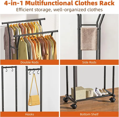 Vista 4 de Luxspire Perchero de doble barra para colgar ropa, perchero con ganchos laterales, estantes inferiores, ruedas de 360°, percheros para dormitorio