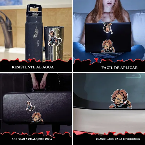 Vista 2 de Chucky Doll - Juego de 3 calcomanías de vinilo para coche, vaso, botella de agua, laptop, Halloween, terror, coche, calcomanías de cara de muñeca