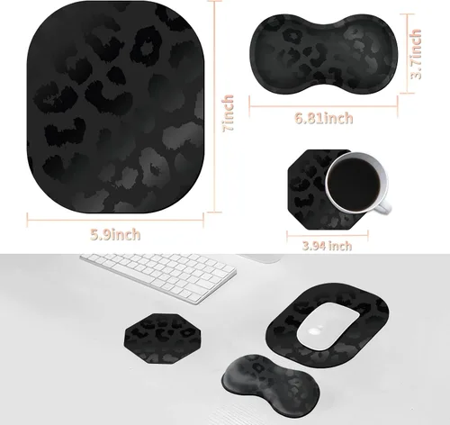 Vista 2 de Almohadilla ergonómica para reposamuñecas de leopardo negro + bonita alfombrilla para mouse + portavasos de espuma, espuma viscoelástica con base