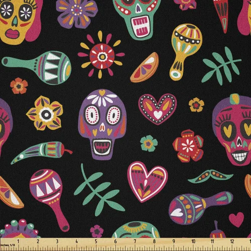 Vista 117 de Ambesonne The Yard, tela de calavera colorida con temática de Halloween, diseño de calavera y huesos cruzados, divertido estampado de dibujos