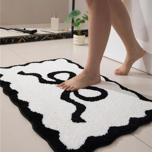 Vista 17 de Tapete de baño festoneado negro de 26 x 18 pulgadas, tapetes de baño suaves y absorbentes, lavables a máquina, de microfibra, para bañeras, lavabos