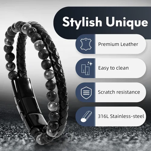 Vista 7 de Desiroman Pulseras de cuentas y cuero para hombre, con ojo de tigre, piedra de lava, para hombres y mujeres, con cierre magnético de acero