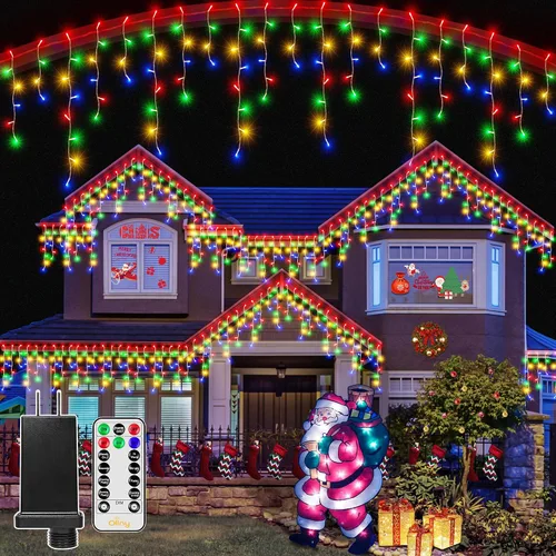 Vista 11 de Ollny Luces de Carámbano para Exteriores Blanco Frío, 600LED 49FT Luces de Navidad con Control Remoto 8 Modos Regulables, Impermeable Conectable