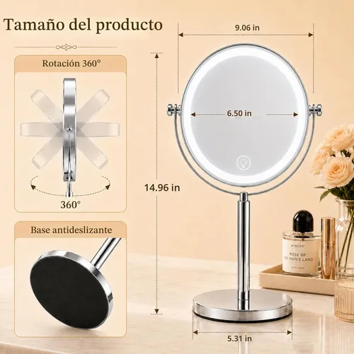 Vista 4 de Ysenchan Espejo de maquillaje iluminado, espejo de aumento LED recargable de 8 pulgadas, espejo de manipulación 5X de doble cara con soporte