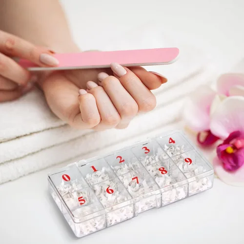 Vista 4 de Caja de 2 piezas vacía para puntas de uñas, 10 ranuras numeradas, caja organizadora de puntas de uñas postizas, caja de almacenamiento de rejilla