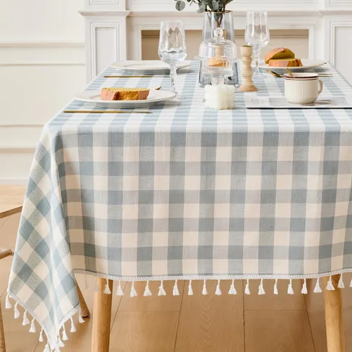 Vista 22 de JIALE - Mantel cuadrado de lino de algodón de cuadros Gingham con borlas, lavable, sin arrugas, mantel a cuadros de búfalo para fiesta al aire Beige