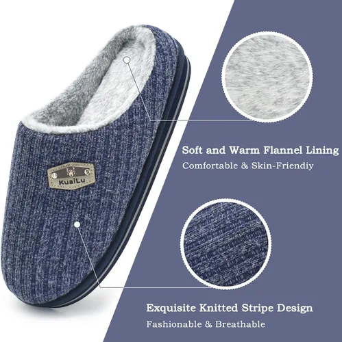 Vista 4 de KuaiLu Pantuflas ortopédicas de espuma viscoelástica para hombre, a la moda, casual, mezcla de lana, a rayas, tejidas con forro de felpa sherpa