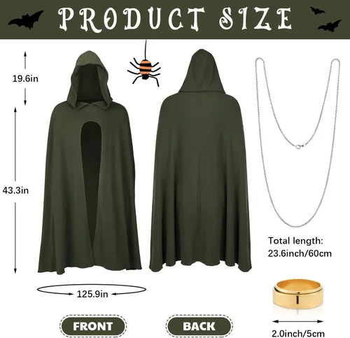 Vista 2 de Hercicy Disfraz de Halloween de 3 piezas, incluye capa verde renacentista con capucha, capa de bruja con capucha, anillo dorado, cadena de collar