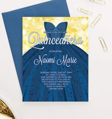 Vista 2 de Modern Pink Paper Invitaciones de quinceañera azul real y oro, invitaciones de vestido de quinceañera, su elección de cantidad, información