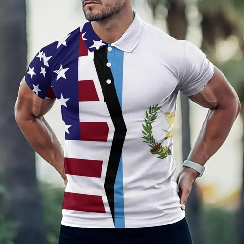 Vista 2 de Camisa polo de manga corta recta con bandera de Estados Unidos y Guatemala para hombre, camiseta deportiva de golf, tenis, secado rápido