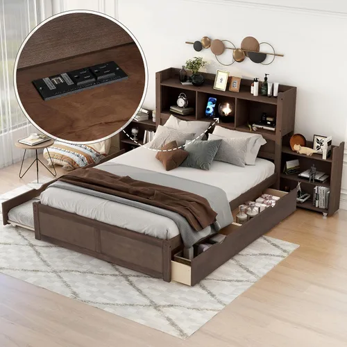 Vista 3 de Bellemave Base de cama matrimonial con cabecera de almacenamiento con estación de carga, plataforma de madera con nido, estantes extraíbles
