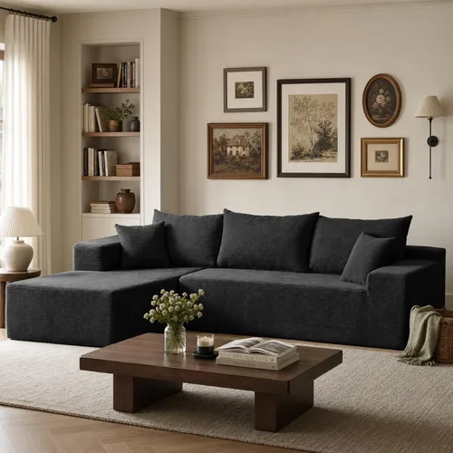 Vista 8 de Sofás seccionales negros para sala de estar, sofá sin estructura rígida con chaise en forma de L, sofá modular en caja con asiento profundo,