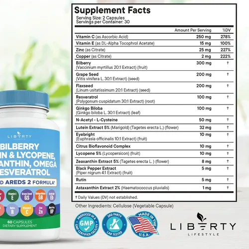Vista 2 de Liberty Lifestyle Vitaminas para la salud ocular con arándano 6000 mg de luteína y zeaxantina 40 mg de licopeno 40 mg de resveratrol 3000 mg