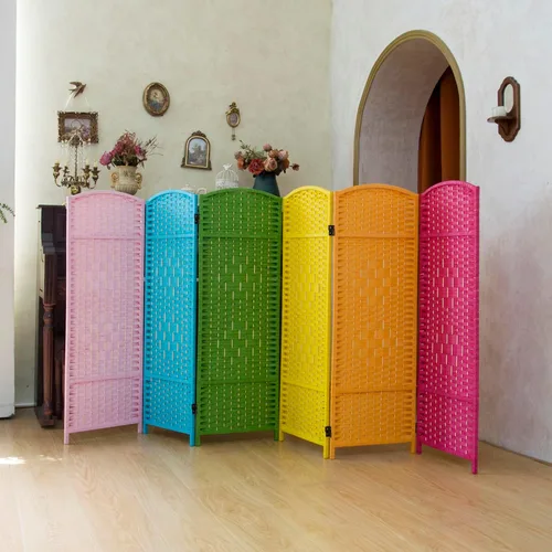 Vista 10 de Divisor de habitación corto compacto de 3 paneles, pantalla plegable de ratán de doble cara de 47.2 pulgadas de alto para el hogar y la oficina