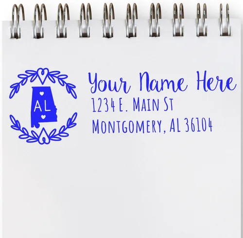 Vista 2 de State of Alabama Wreath Duo Hand Address Stamp - Personalized Rubber Stamp Montaje manual Duo