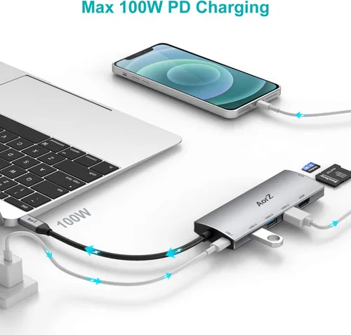 Vista 5 de Hub USB C, concentrador USB a HDMI multipuerto Aorz USB C adaptador 7 en 1 con salida HDMI 4K, 3 puertos USB 3.0, lector de tarjetas SD/Micro SD