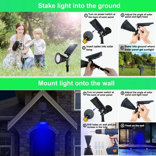 Vista 8 de Focos solares impermeables para exteriores, 4 luces LED para exteriores para patio, jardín, camino, focos de paisaje rojo y azul, luces LED solares