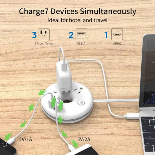 Vista 11 de Regleta de alimentación de viaje, NTONPOWER 3 tomas de corriente 3 USB (1 USB C) Regleta de alimentación aprobada para cruceros, cable de extensión
