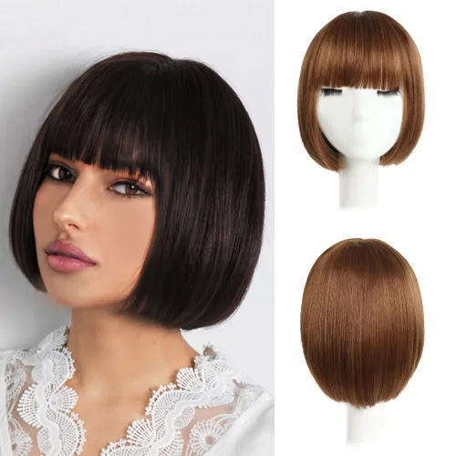 Vista 8 de Pelucas Bob con flequillo, peluca de cabello castaño rojizo de 10 Caoba