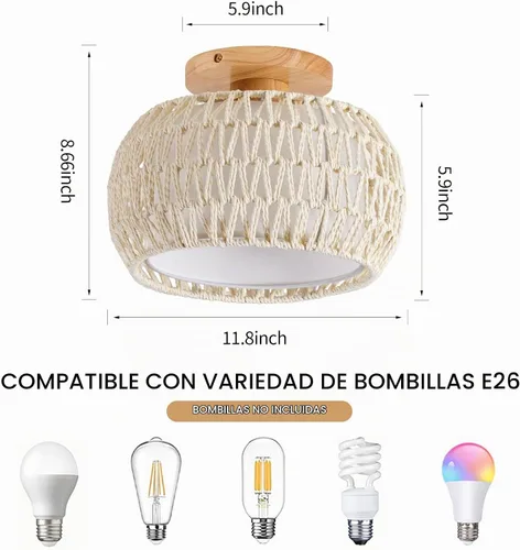 Vista 3 de Lámpara de techo de ratán Boho empotrada - Lámparas de mimbre bohemio de 12
