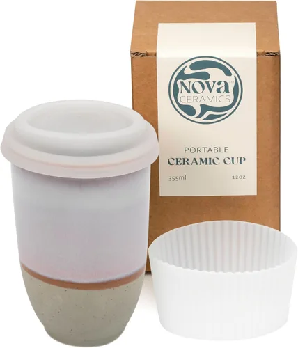Vista 10 de NOVA CERAMICS Taza de viaje – Taza de viaje de cerámica con tapa – Taza de café de viaje única para llevar – Vaso de café apto para microondas