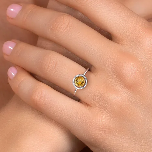 Vista 70 de Gem Stone King Anillo de compromiso de boda de oro blanco de 10 quilates con piedra natal y halo de diamantes Redondo de 0.236 in Anillo de oro