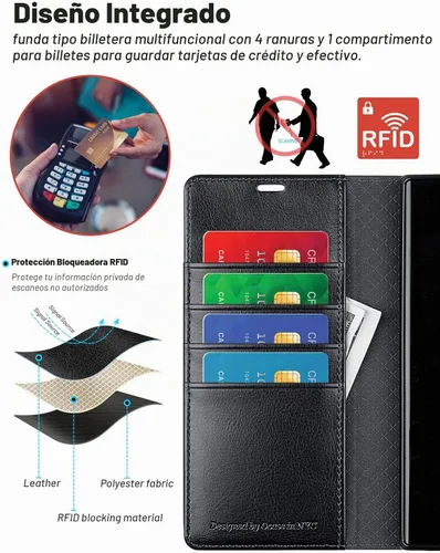 Vista 3 de OCASE Funda compatible con Galaxy S23 Ultra 5G, funda de piel sintética con tapa y soporte para tarjetas con bloqueo RFID
