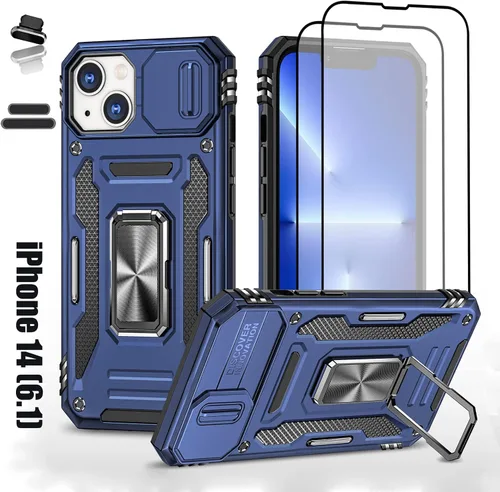 Vista 10 de Funda resistente para Apple iPhone 14, protección híbrida de goma de doble capa de grado militar con protector de cámara deslizante, soporte Negro