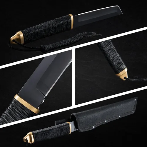Vista 5 de Leopcito Cuchillos tácticos japoneses de hoja fija de 11.5 pulgadas con funda, acero inoxidable negro supervivencia caza bushcraft cuchillo tanto