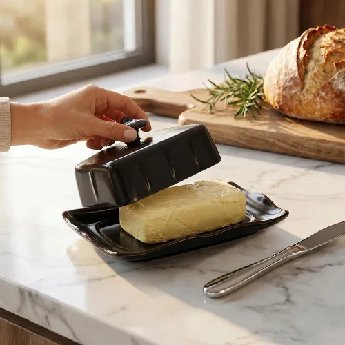 Vista 6 de Mantequillera de porcelana con tapa para encimera, contenedor de mantequilla de granja con mango de lujo, grande para mantequilla de la costa este
