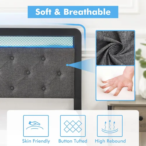 Vista 5 de Base de cama Queen con 2 cajones de almacenamiento, cabecera capitonada con botones y luces LED, cama de plataforma tapizada con almacenamiento