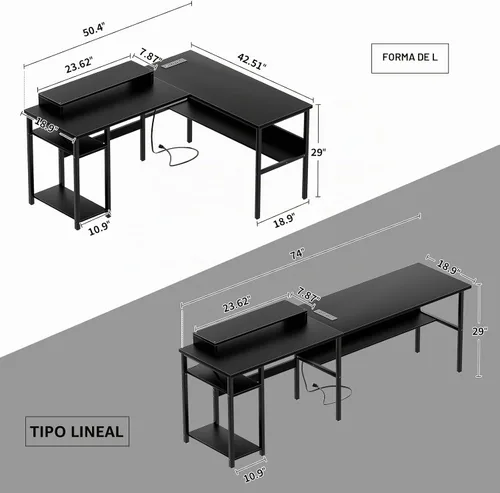 Vista 3 de Unikito Escritorio reversible en forma de L con tomas de corriente mágicas y luz LED inteligente, escritorio de esquina para computadora robusto
