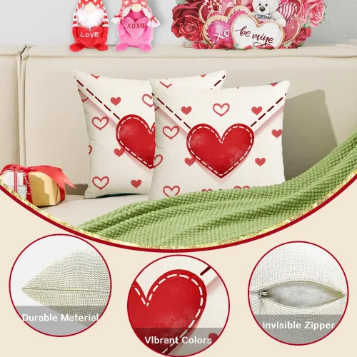 Vista 5 de RABUSOFA Juego de 2 fundas de almohada de San Valentín de 20 x 20 pulgadas, diseño de corazones con sobre rojo, para exteriores, decoración de San