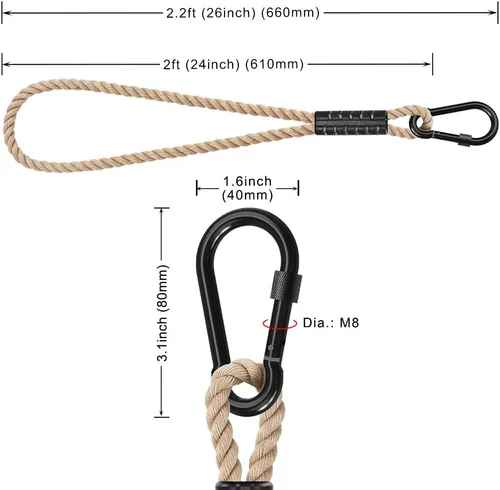 Vista 3 de SELEWARE Correas de hamaca de 2 pies, cuerda de columpio de árbol con mosquetón Kit de extensión beige, fácil instalación, soporta columpios