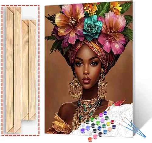 Vista 28 de Pintura de niña afro a la moda, kits de pintura por números, 16 x 20 pulgadas, lienzo de hojas tropicales, pintura al óleo para niños y adultos