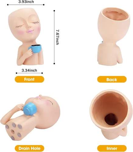 Vista 2 de Macetas en forma de cara, maceta en forma de cabeza para suculentas, maceta única con drenaje para plantas de interior y exterior