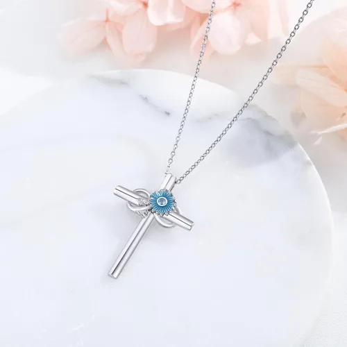 Vista 6 de JUSTKIDSTOY Collar de flor de nacimiento de plata de ley 925 con colgante de cruz floral, regalo de joyería para mujeres, novia, esposa, madre