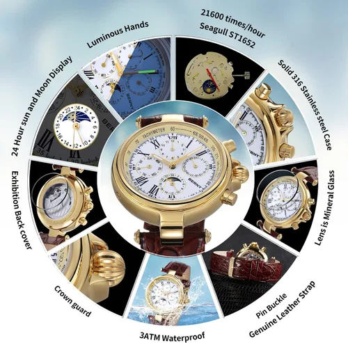 Vista 5 de BERNY Reloj automático para hombre, mecánico, cuerda automática, 3ATM, resistente al agua, multifuncional, cristal mineral, resistente a
