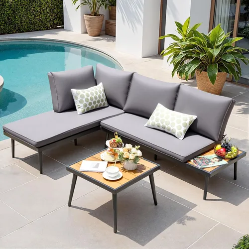 Vista 6 de Devoko Juego de muebles seccional para exterior con mesa de madera de acacia, sofá seccional para patio, juego de conversación en forma de L