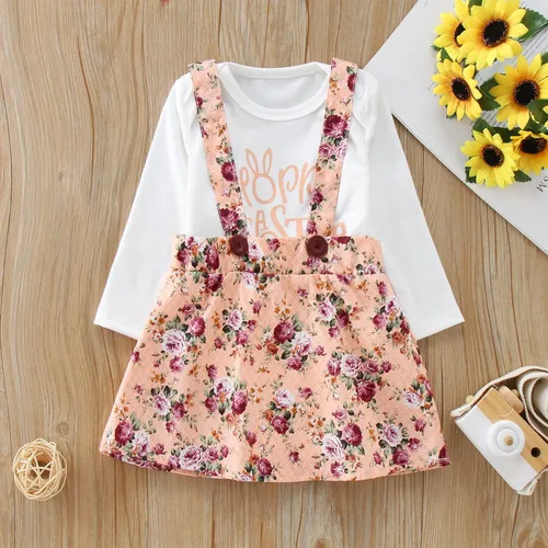 Vista 2 de Newborn Baby Girl Easter Outfits Long Sleeve Dot Print Ruffle Romper Rabbit Suspender Skirt Overall Dress Set
