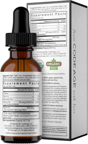 Vista 9 de Codeage Vitaminas líquidas D3+K2 USDA Organic – Vitamina D3 2000 UI, vitamina K2 (MK4 y MK7) gotas líquidas – Apoyo inmunológico – Sin sabor