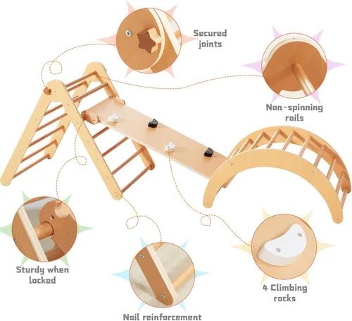 Vista 10 de Beright Gimnasio triangular Pikler 4 en 1, escalador plegable Montessori con rampa, juguetes de escalada de interior para niños, triángulo