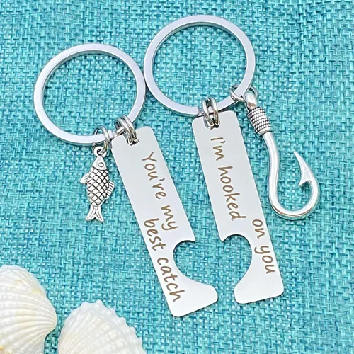 Vista 5 de xyqcy Llavero para parejas, regalo de aniversario para novio, novia, marido, esposa, I'm Hooked on You You're My Best Catch, juego de llaveros