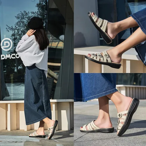 Vista 6 de Sandalias de cuero cómodas para mujer, ligeras, planas, bonitas, sin cordones, informales, para caminar Beige