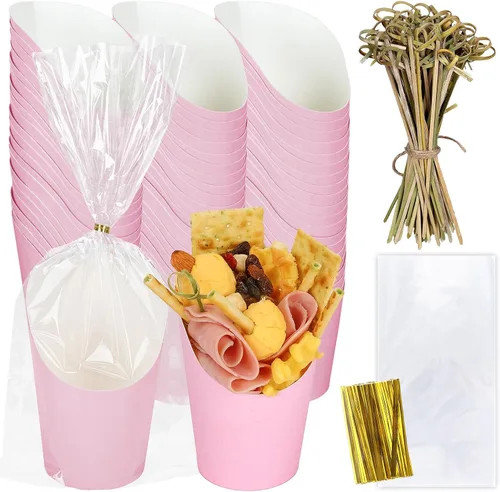 Vista 9 de Whaline 50 tazas de charcutería azules con bolsas de palitos, lazos giratorios, 14 onzas, desechables, para aperitivos, papas fritas para el hogar