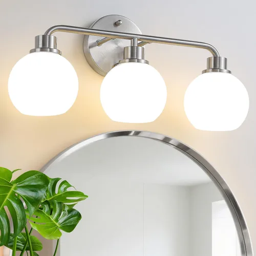 Vista 14 de Lámparas de baño doradas para tocador, 3 luces, apliques de pared, luces de latón cepillado con pantalla de vidrio martillado, lámpara de pared