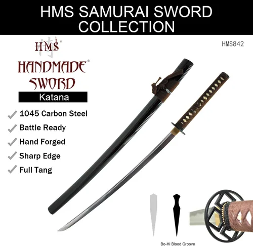 Vista 7 de HMS Samurai Katana Sword, Practical, Hand Forged, 1045 Carbon Steel, Heat Tempered/Clay Tempered, Full Tang, Sharp, Scabbard Katana 842