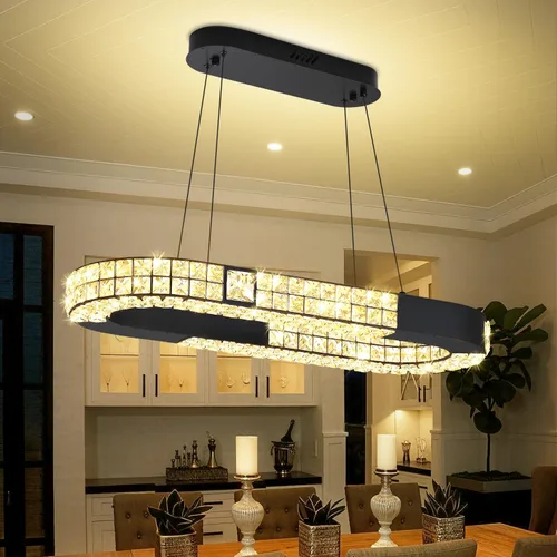 Vista 14 de Gran araña de anillo dorado moderna LED de 5 anillos de cristal para techos altos Vestíbulo Escalera de arañas D12''+20''+28''+35''+43'' Oro